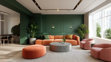 Bold living room design a deep green accent wall contrasting with orange and pink furnishings illuminated by a combination