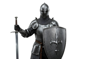 Fototapeta premium Medieval knight, studio, sword, shield, armor, dark background, game asset