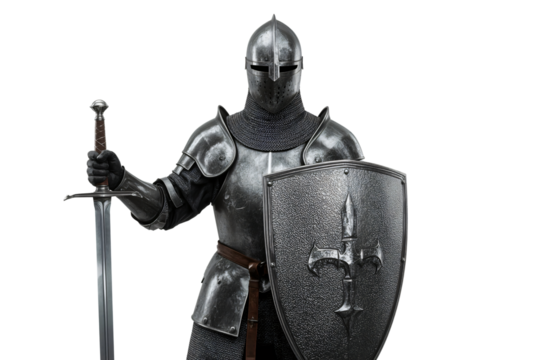 Medieval knight, studio, sword, shield, armor, dark background, game asset