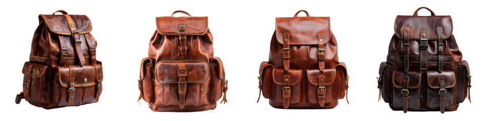 Leather Backpack Collection, Vintage Style Rucksacks Isolated