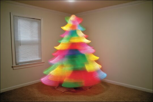 A vibrant, multicolored Christmas tree, created with light trails, stands in a corner room - Powered by Adobe