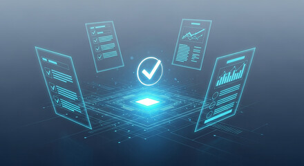 Floating digital checkmark icons on futuristic interface representing online approval and data system