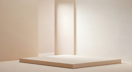 Minimalist Empty Beige Product Display Podium in Soft Lit Room with Subtle Shadows