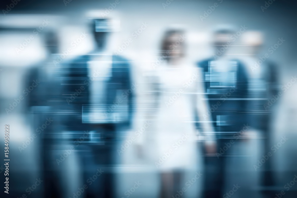 Poster blurred figures of diverse professionals in a contemporary corporate environment embodying unity and