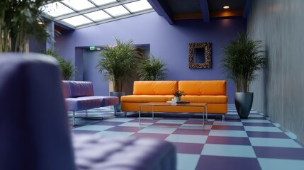 Bold modern living room in checkerboard purple and orange theme side-lit angled skylight layered acrylic textures reflecting ambient lighting