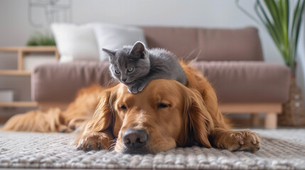 Cute gray kitten playfully resting on sleeping golden retriever in cozy home interior