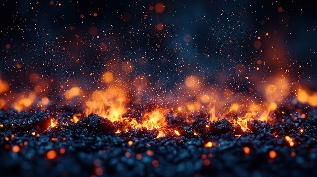 Fiery embers glow against a dark night sky