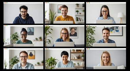 Diverse Group Video Conference Call Screen with Multiple Participants Working from Home