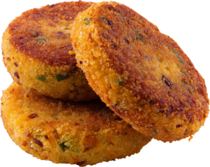 Three golden brown potato cutlets stacked together isolated on transparent background