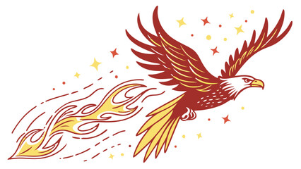 Fototapeta premium Vibrant vector illustration featuring a tribal phoenix and eagle amidst a floral bird of paradise pattern with fiery orange wings and decorative swirls