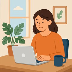 Flat vector of a young woman working remotely on laptop at cozy home workspace  