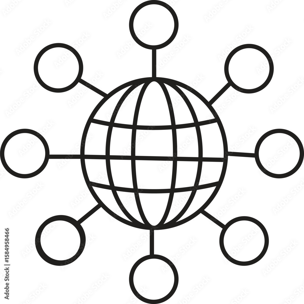 Aufkleber global network: a minimalist line art depiction of a globe interconnected with orbiting circles, rep