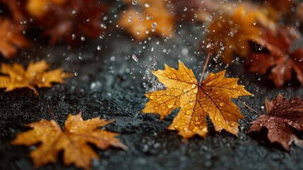 Falling Rain on Vibrant Autumn Leaves