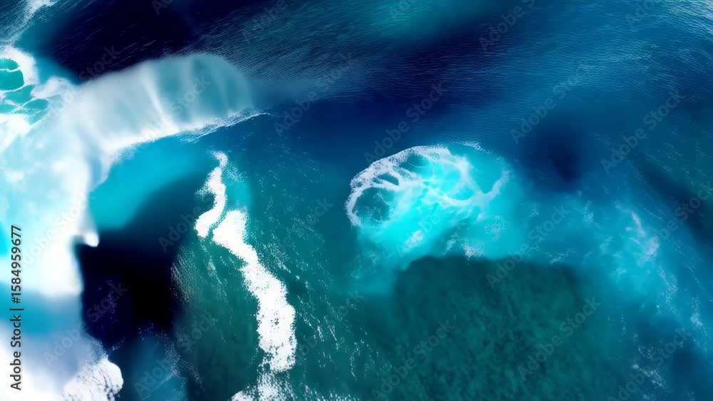 Poster aerial view of white foamy sea waves crashing and breaking on the turquoise ocean surface, creating 