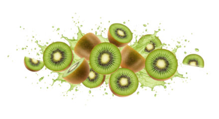Kiwi Fruit Slices And Green Splash Isolated On Transparent Background