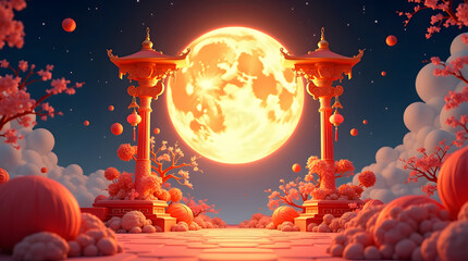 Night themed Mooncake festival banner illustration. Chinese arch with full moon and starry night as background for Autumn festival