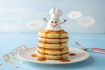 Cute pancake character with syrup and clouds