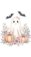 Cute ghost illustration with a pink bow, surrounded by pumpkins, flowers, and bats, creating a whimsical Halloween atmosphere with soft pastel colors and charming details