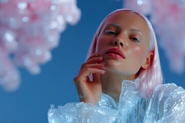 Futuristic fashion model posing with pink hair and iridescent dress