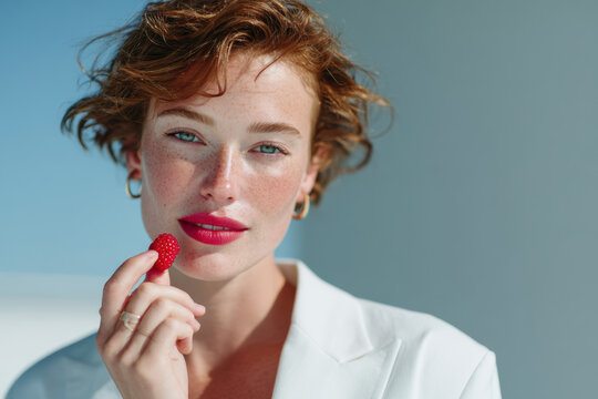 Redhead businesswoman eating raspberry on blue background