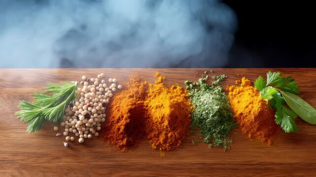 Colorful Arrangement of Spices and Fresh Herbs on Wooden Surface with Smoky Background