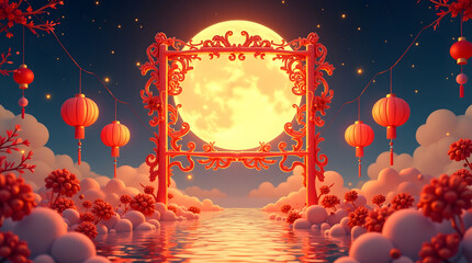 Night themed Mooncake festival banner illustration. Chinese arch with full moon and starry night as background for Autumn festival