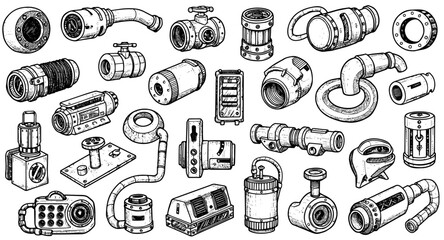 Collection of Hand-drawn Steampunk Mechanical Components  Industrial Engineering Parts