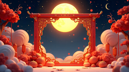 Night themed Mooncake festival banner illustration. Chinese arch with full moon and starry night as background for Autumn festival