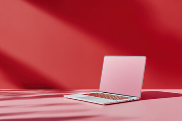 Modern laptop showing pink screen on pink table with red background