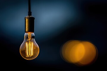 Close-up of a warm-toned vintage lightbulb hanging, dark background with bokeh