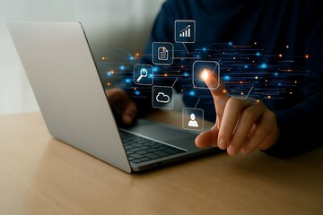 Person s hand interacting with futuristic digital interface displaying icons for data analysis cloud storage search and user profiles connected by glowing lines