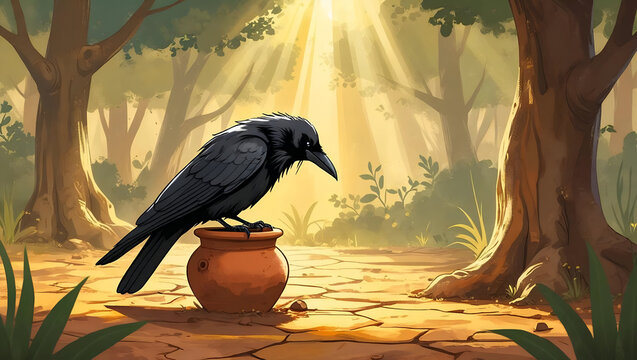 The clever, thirsty crow from Aesop's fable perched on a clay pot in a magical, sunlit forest with beautiful sunbeams.