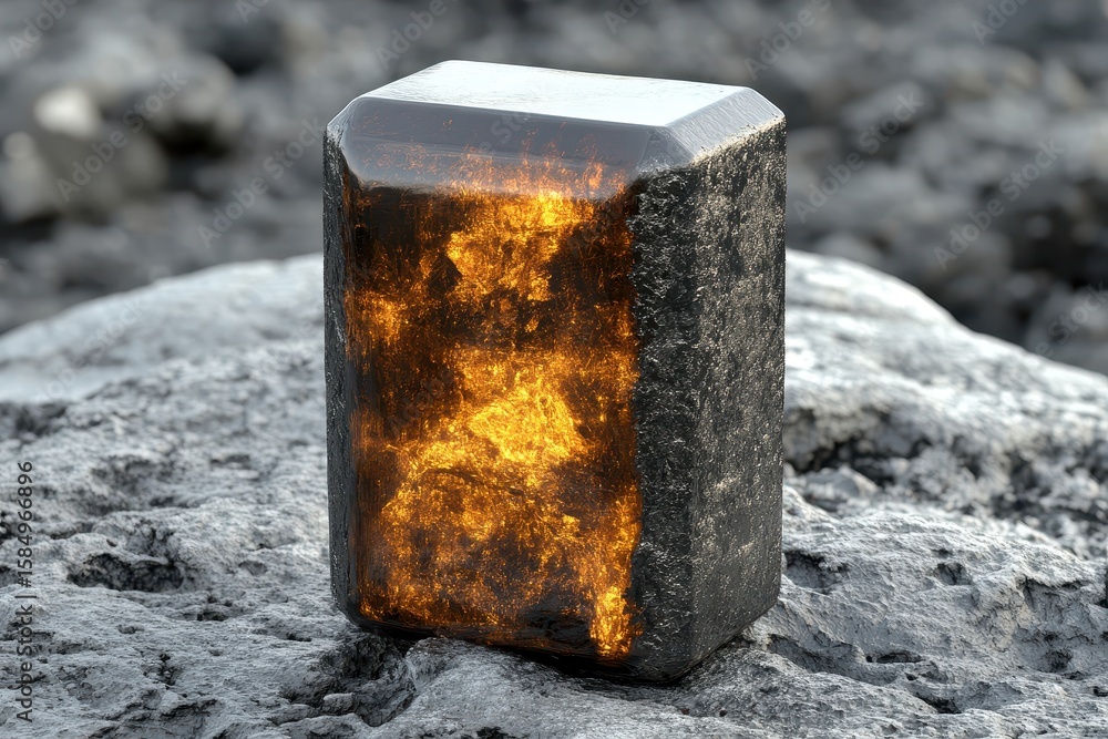Fototapete dark stone rectangular object with inner golden glow resting on a rock.
