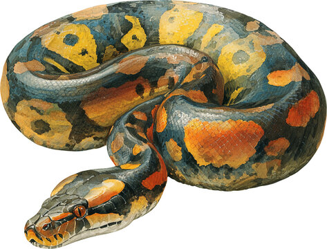 Watercolor painting of a coiled python snake with intricate patterns isolated on transparent background
