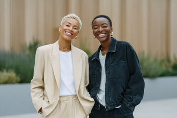 Two smiling businesswomen posing together outdoors in urban setting