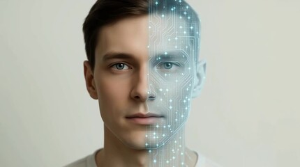 biometric face scanning animation showing man turning head while digital dots map facial structure for identification security and facial recognition ai technology - Powered by Adobe
