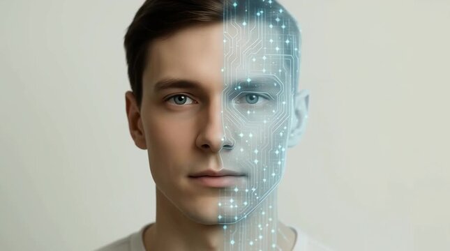 biometric face scanning animation showing man turning head while digital dots map facial structure for identification security and facial recognition ai technology
