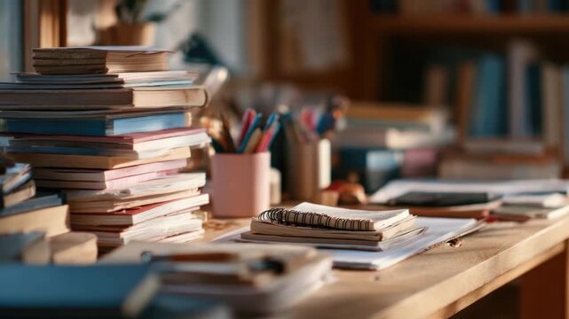 Cluttered wooden desk with stacks of books notebooks pens and paper in a cozy home office or study environment