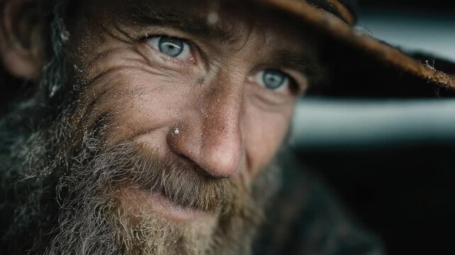 Close-up of a rugged man with a weathered face, bright blue eyes, and a long beard; outdoor setting with natural light and a contemplative expression