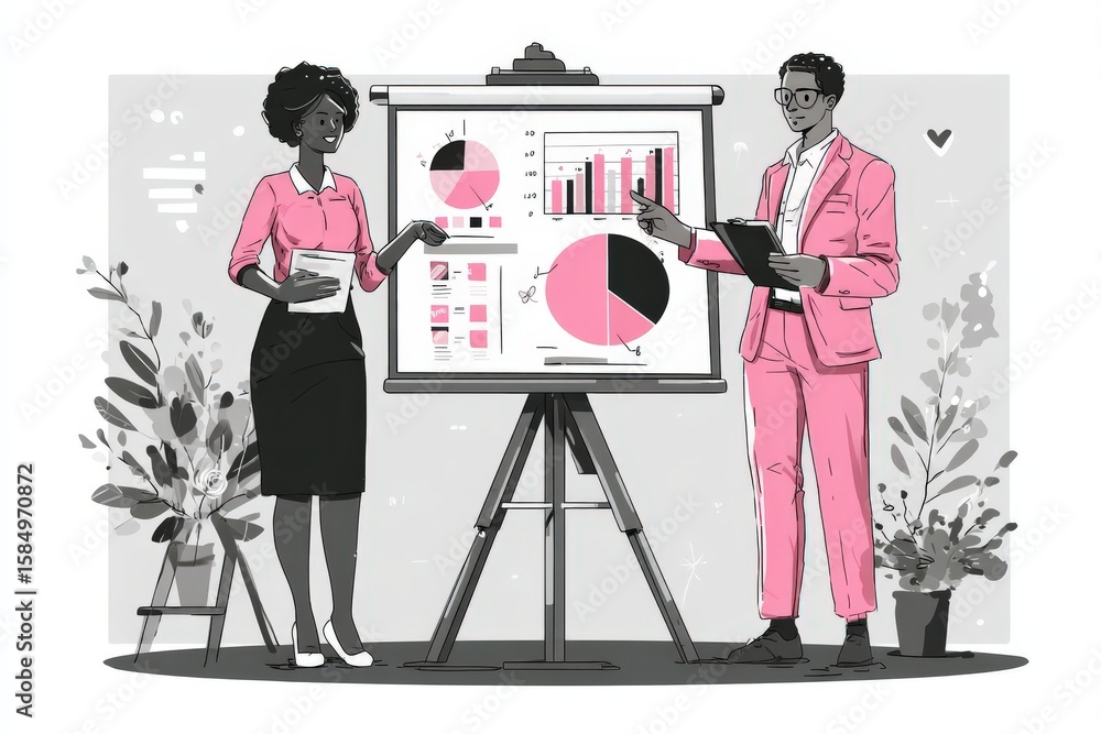 Poster engaging business presentation featuring two professionals collaborating on striking data visualizat