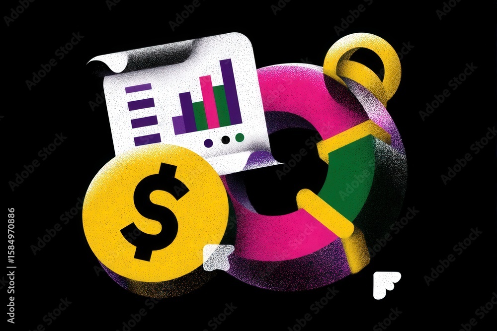 Poster innovative financial analytics visualization combining vibrant pie charts and dynamic reports emphas