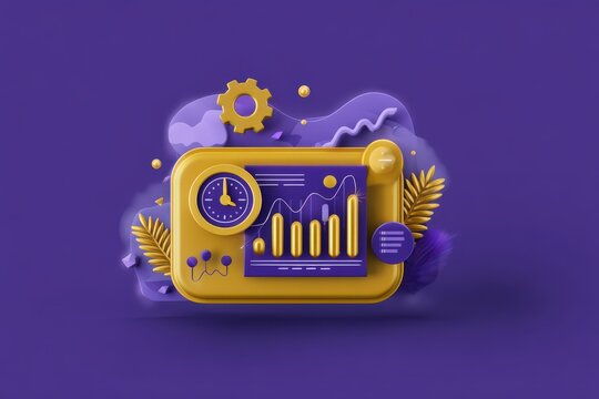 Creative 3D illustration of a business dashboard with dynamic charts showing performance analytics and data trends accompanied by innovative geometric shapes and vibrant colors