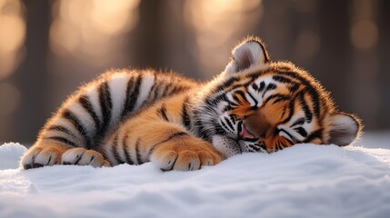 Fluffy tiger cub sleeps in snow