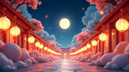 Night themed Mooncake festival banner illustration. To commemorate and celebrate the end of the autumn harvest ambience with Red Chinese building and moon with starry night  as background. 