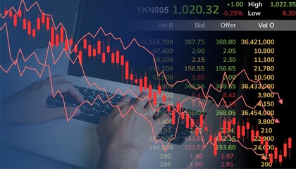 Stock market downturn with red candlestick chart, declining line graphs, and trading data screen....