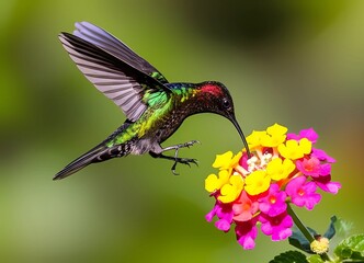 Hummingbird sips nectar from vibrant flower in mid-flight.