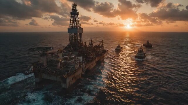 Offshore oil rig with support vessels during sunset, industrial maritime scene in open sea with dramatic sky and warm lighting