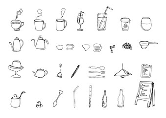 カフェの線画イラストセット