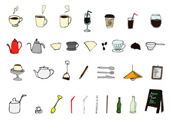 カフェの線画カラーイラストセット