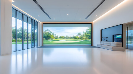 Modern indoor golf simulator room with a large screen displaying a golf course